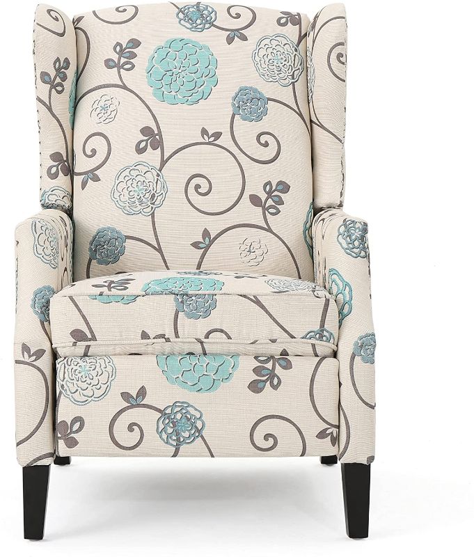 Photo 1 of **DAMAGED** Westeros Traditional Wingback Fabric Recliner Chair (White & Blue Floral)

