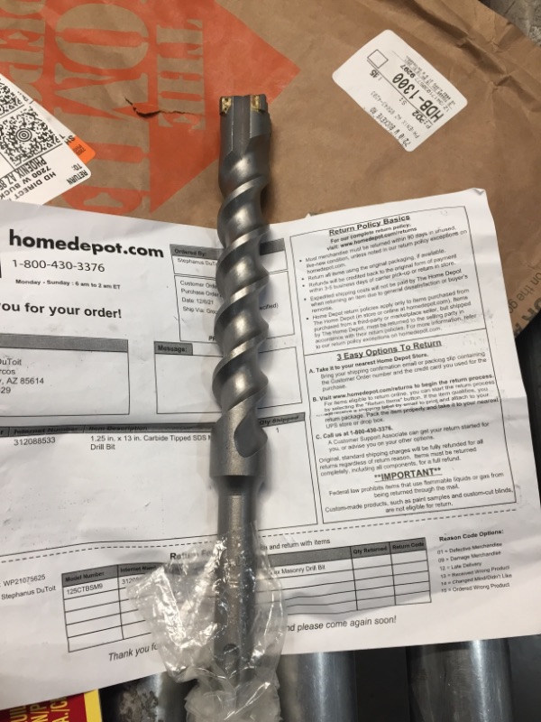 Photo 2 of 1.25 in. x 13 in. Carbide Tipped SDS Max Masonry Drill Bit
