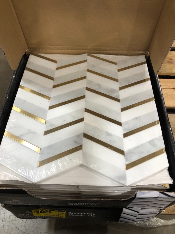 Photo 3 of ** 2 CASES OF - Dreamcicle White 11.875 in. x 11.875 in. Chevron Marble/Gold Metal Floor and Wall Mosaic Tile (0.979 sq. ft./Each)
