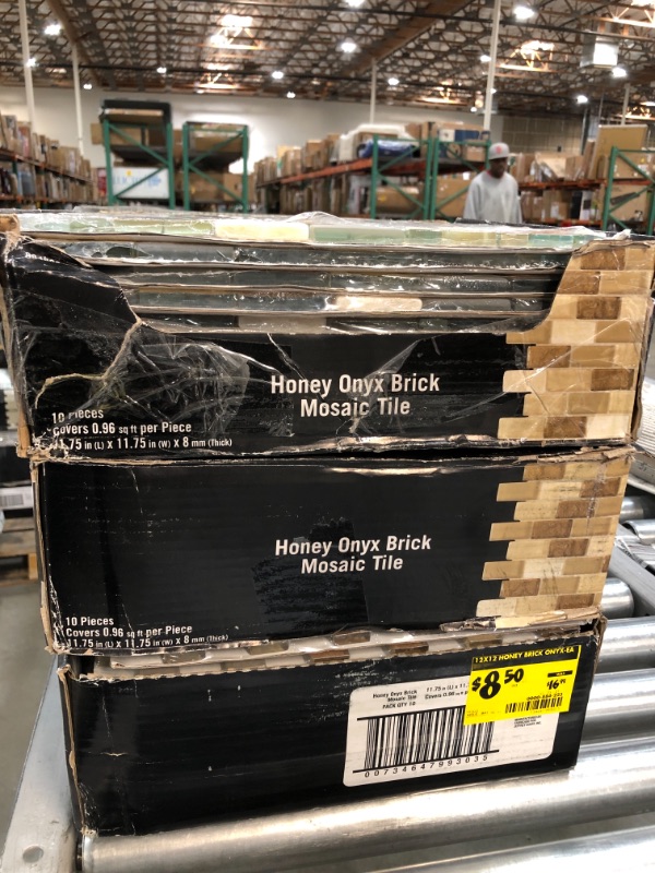 Photo 3 of *3 BOXES** Honey Onyx Brick Beige 11.625 in. x 11.625 in. Interlocking Mixed Glass and Onyx Mosaic Tile (0.938 sq. ft./Each)
