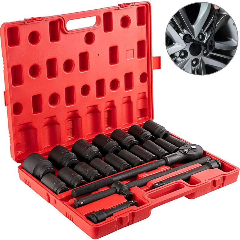 Photo 1 of **SAME MODEL DIFFERENT COLORED BOX**  VEVOR Impact Socket Set 3/4 Inches 22 Piece Standard Impact Sockets, Socket Assortment 3/4 Inches Drive Socket Set Impact Standard SAE Sizes 7/8 Inches to 2 Inches Includes Adapters and Ratchet Handle
