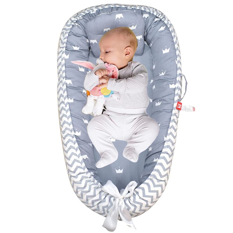 Photo 1 of Abreeze Baby Bassinet for Bed Grey Crown Baby Lounger Crib Breathable Baby Nest Co-Sleeping Baby Bed 100% Cotton Portable Crib Pillow for Bedroom/Travel/Camping
