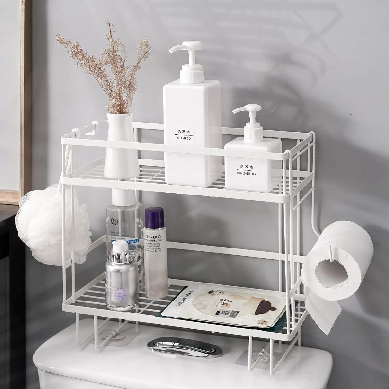 Photo 1 of Bathroom Over The Toilet Storage Shelf, 2-Tier White Iron Bathroom Organizer with Hanging Hook & Adhesive Base & Toilet Paper Hanger, No Drilling Space Saver with Wall Mounting Design…
