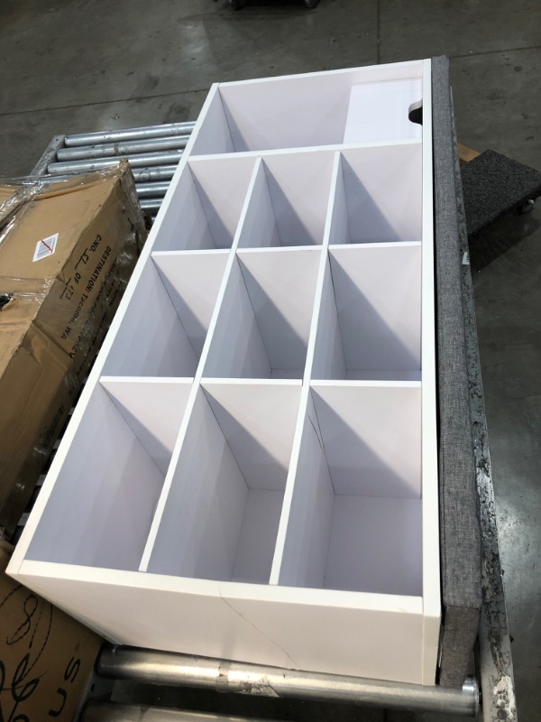 Photo 8 of 41" X 18" 10 TIER BOOKCASE WHITE WITH 1 DRAWER WITH CUSION TOP
**DAMAGED, MINOR CRACKS, USED, STOCK PHOTO NOT FOUND**