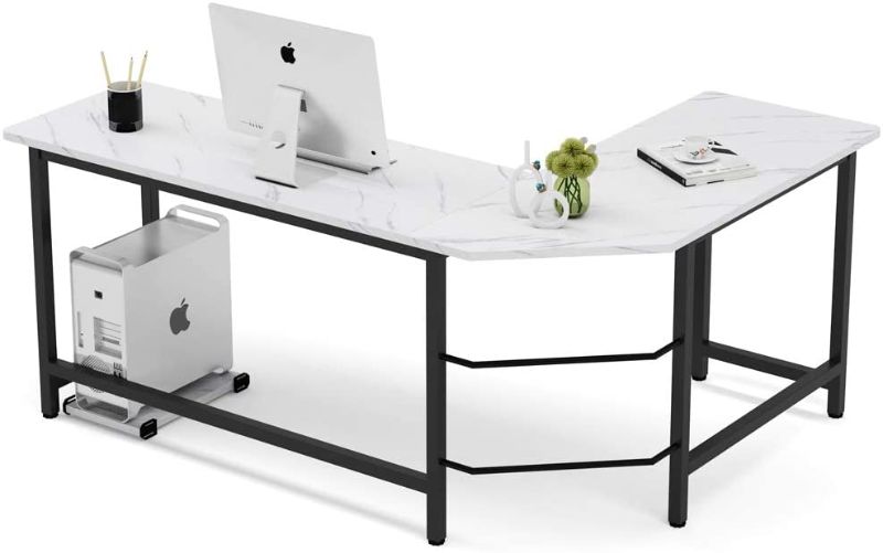 Photo 1 of Tribesigns Modern L-Shaped Desk, Corner Computer Desk PC Laptop Gaming Table Workstation for Home Office, White Faux Marble/Black Metal Frame
