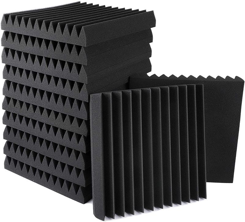 Photo 1 of 12 Pack Set Acoustic Foam Panels 2" × 12" × 12" Black Wedges Tiles Fireproof Soundproof Foam Sound Absorbing Noise Cancelling Panels for Recording Studios, Home, Offices Walls Ceiling
