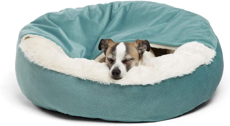 Photo 1 of  Cuddler Luxury Orthopedic Dog and Cat Bed with Hooded Blanket for Warmth and Security - Machine Washable, Water/Dirt Resistant Base, Blue, 24in
