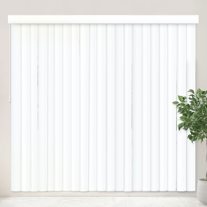 Photo 1 of ***Package damaged from shipment***
 Oxford White Cordless Room Darkening Vinyl Vertical Blind with 3.5 in. Slats 78 in. W X 84 in. L, Oxford White (Quality Vinyl)
