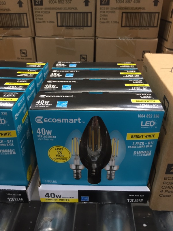 Photo 1 of 8 PACKAGES 
EcoSmart 40-Watt Equivalent B11 Dimmable ENERGY STAR Clear Glass Filament LED Vintage Edison Light Bulb Bright White (3-Pack) ($9 X 8)