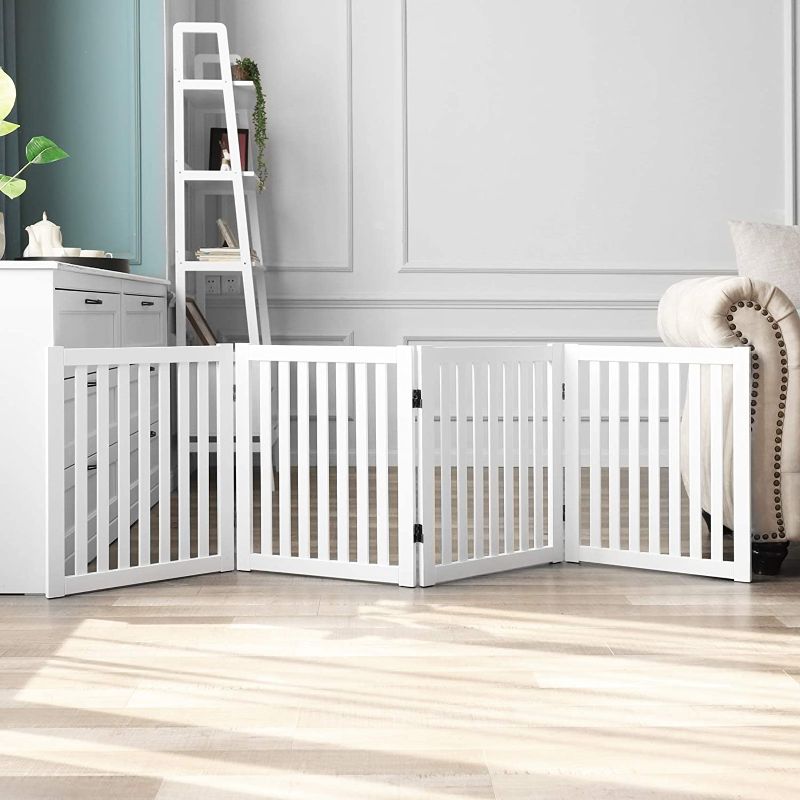 Photo 1 of  Wooden Freestanding Pet Gate, 4 Panel 24 Inch Step Over Fence, Expands Up to 80" Wide, Foldable Indoor Dog Gate Puppy Safety Fence, White