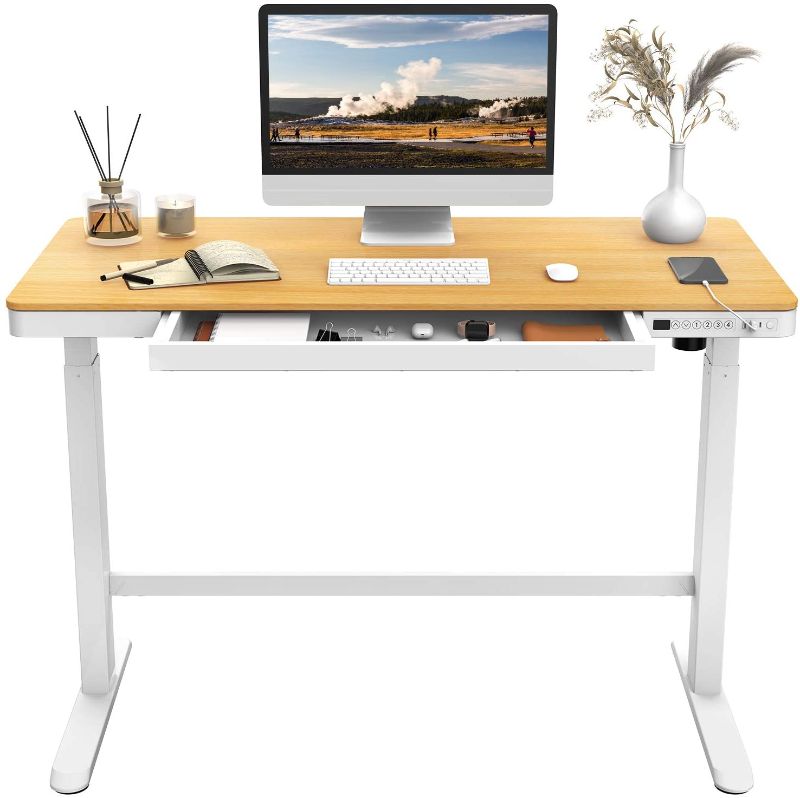 Photo 1 of Flexispot EW8 Electric Height Adjustable Standing Desk with Drawers 48 Inches Red Oak Desktop and Adjustable White Frame Quick Install Computer Workstation (USB Charging Ports, Memory Controller)
