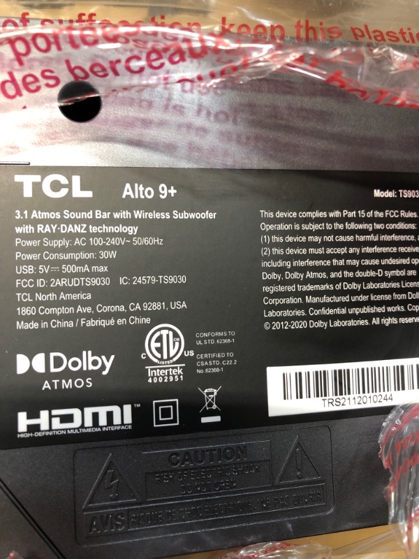 Photo 4 of TCL Alto 9+ 3.1 Dolby Atmos Sound Bar with RAY·DANZ Technology, Wireless Subwoofer, WiFi, Bluetooth, Works with Hey Google plus Chromecast built-in – Black, 540W, TS9030-NA