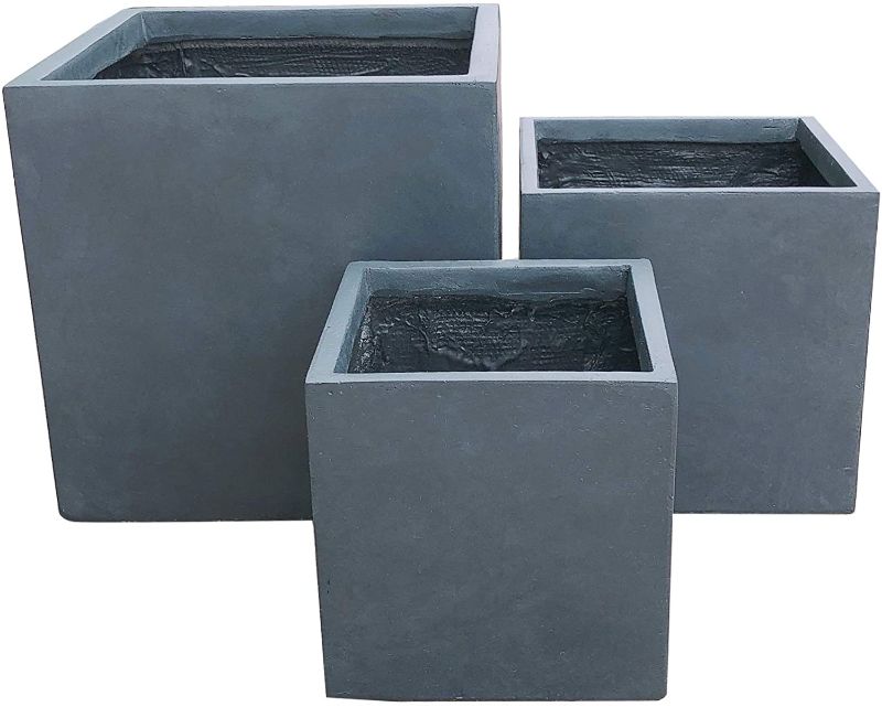 Photo 1 of *DAMAGED* CRACKED IN CORNER OF BIG POT, Kante RF0001ABC-C60121 Lightweight Concrete Modern Square Outdoor Planter, Charcoal
