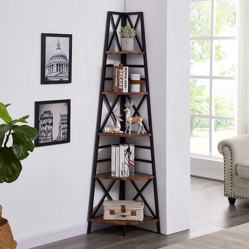 Photo 1 of 5-Tier Industrial Corner Bookshelf, Vintage Wood Look Accent with Metal Frame Etagere Bookcase