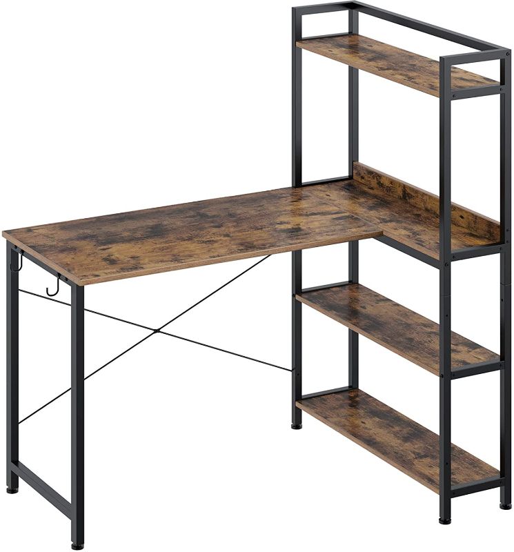 Photo 1 of Rolanstar Computer Desk with Storage Shelves 47", Home Office Desk with 4-Tier Reversible Bookshelf, Rustic Writing Table Workstation, Study Corner Desk for Small Space, Rustic Brow
