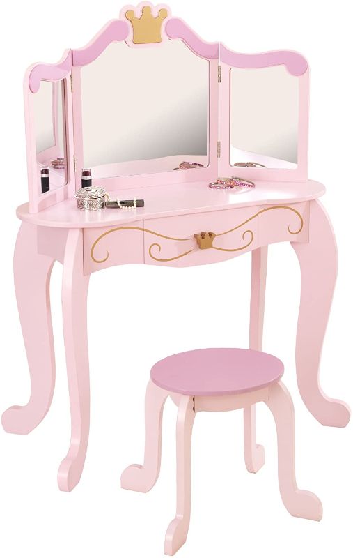 Photo 1 of KidKraft Wooden Princess Vanity & Stool Set with Mirror, Children's Furniture - Pink, Gift for Ages 3-8
