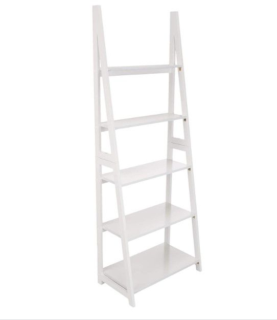 Photo 1 of Amazon Basics Modern 5-Tier Ladder Bookshelf Organizer, Solid Rubberwood Frame - White
