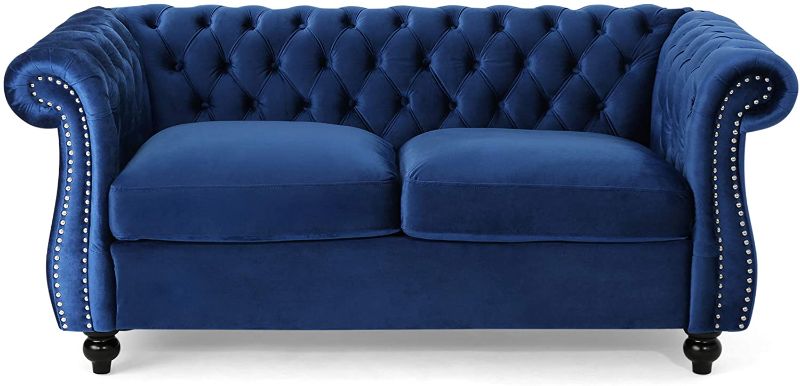Photo 1 of //MISSING BACK REST****
Christopher Knight Home Karen Traditional Chesterfield Loveseat Sofa, Navy Blue and Dark Brown, 61.75 x 33.75 x 27.75, 306027
