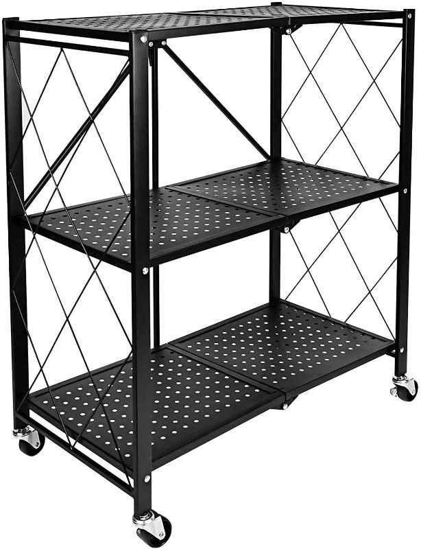 Photo 1 of HealSmart 3-Tier Heavy Duty Foldable Metal Rack Storage Shelving Unit with Wheels Moving Easily Organizer Shelves Great for Garage Kitchen Holds up to 750 lbs Capacity, Black (HKSHLFFOLD28153403BV1)
