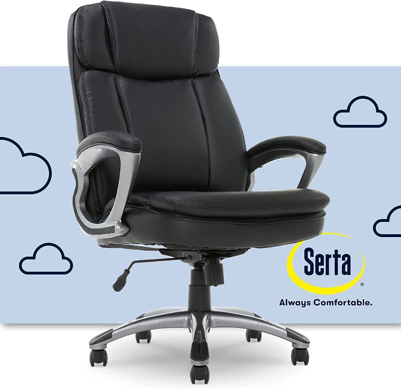 Photo 1 of Serta Big & Tall Executive Office Chair High Back All Day Comfort Ergonomic Lumbar Support, Bonded Leather, Black

/DIRTY/USED/MISSING HARDWARE /COSMETIC DAMAGE 