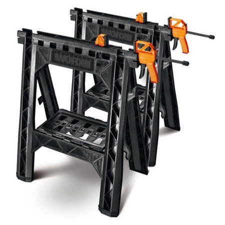 Photo 1 of **incomplete** Worx Clamping Sawhorse Pair with Bar Clamps, Built-in Shelf, Cord Hooks
