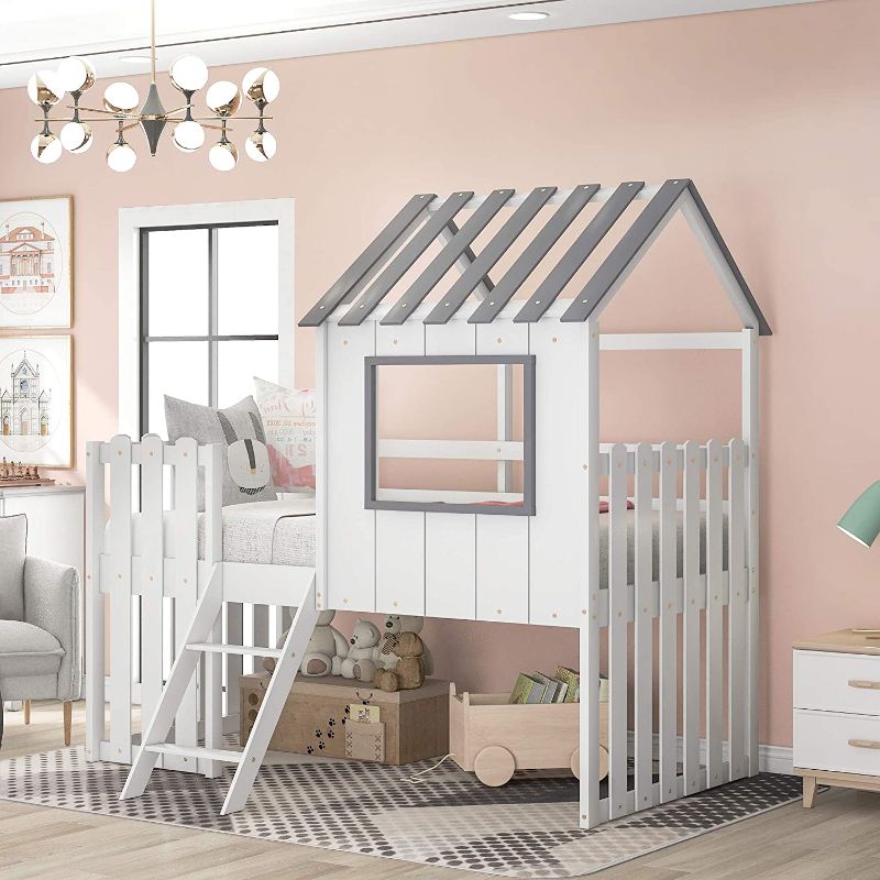 Photo 1 of ***BOX 1 OF 3***Twin Loft House Bed for Kids, Wooden Loft Beds with Rustic Fence-Shaped Guardrail/Ladder/Window/Roof for Teens Boys & Girls Bedroom (White-Loft House Bed)...***NOT EXACT STOCK PICTURE, FOR REFERENCE ONLY***

