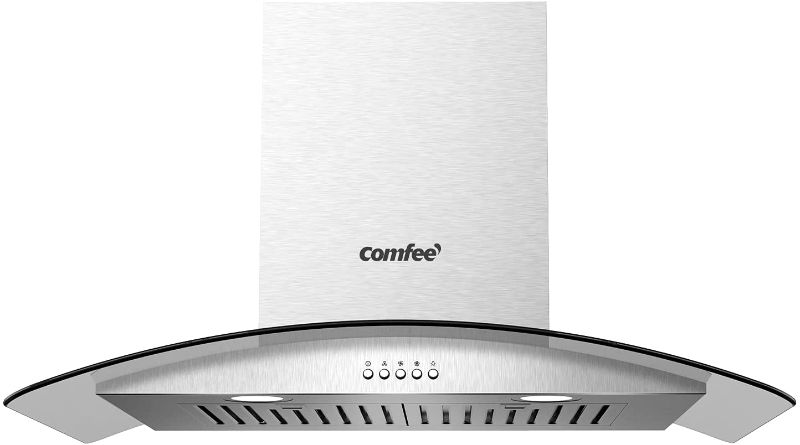 Photo 1 of Comfee CVG36W8AST 36 Inches Ducted Wall Mount Vent Range Hood with 450 CFM 3 Speed Exhaust Fan, Baffle Filters, Curved Glass, 2 LED Lights, Convertible to Ductless, Stainless Steel

