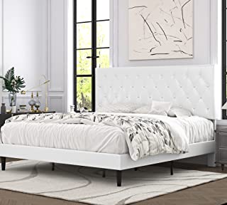 Photo 1 of  Allewie King Bed Frame with Adjustable Diamond Stitched Button Tufted Headboard/Faux Leather Upholstered Platform Bed with Easy-Assembly Wood slats, White
