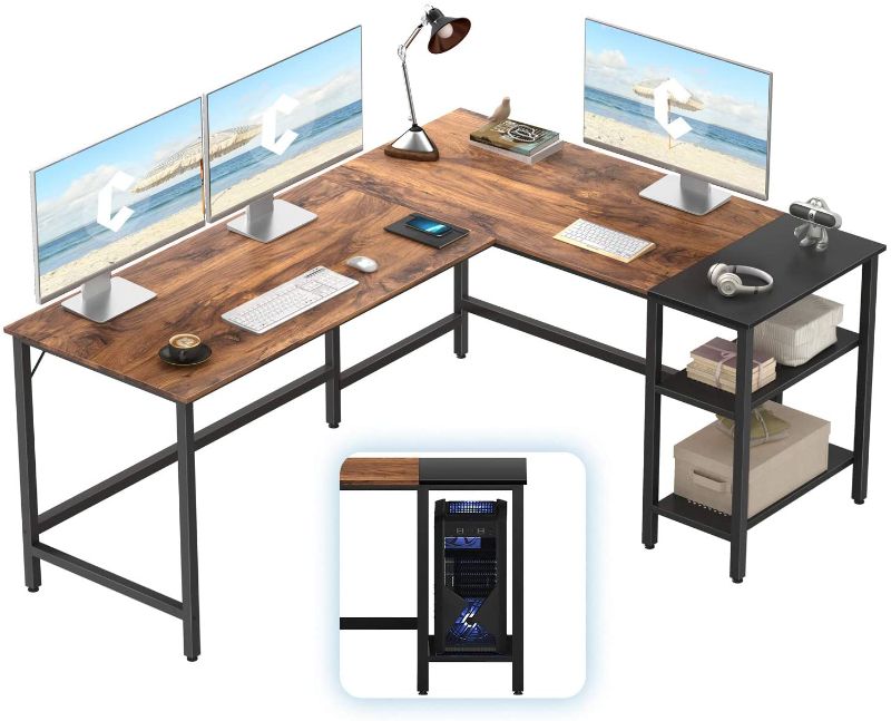 Photo 1 of CubiCubi L-Shaped Computer Desk, Industrial Office Corner Desk Writing Study Table with Storage Shelves, Space-Saving, Dark Rustic/Black
