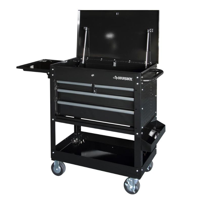 Photo 1 of **PARTS ONLY**, **DAMAGED**
Husky 33 in 4-Drawer Mechanics Cart with Extended Side Table and Bottle Tray, Black

