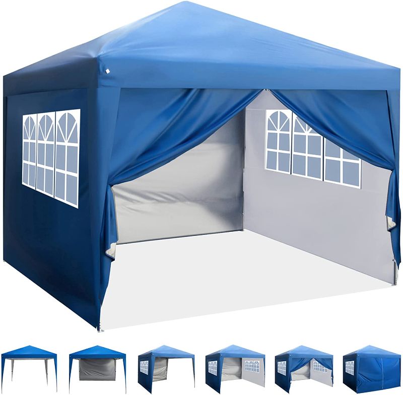 Photo 1 of **DAMAGED**
AsterOutdoor 10'x10' Water-Resistant Pop Up Canopy with Sidewalls, Adjustable Leg Heights, Windows, Wheeled Carry Bag, Stakes and Ropes, Royal Blue