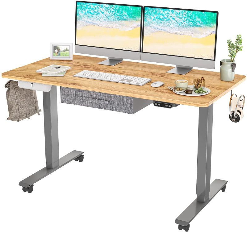 Photo 1 of FEZIBO Standing Desk with Drawer, Adjustable Height Electric Stand up Desk, 48 x 24 Inches Sit Stand Home Office Desk, Ergonomic Workstation Grey Steel Frame/Light Rustic Brown Tabletop

