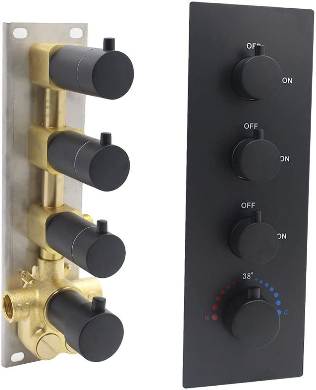 Photo 1 of 3 Outlet 3-Function Brass Shower Diverter Thermostatic Valve Pressure Balanced Mixer with Trim in Matte Black, Can Use All Function At a Time, Flow Can Be Controlled