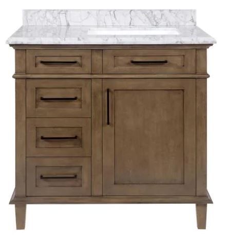 Photo 1 of (CRACKED SURFACES; PAINT CRACKING NEAR DRAWERS)
Home Decorators Collection Sonoma 36 in. W x 22 in. D Bath Vanity in Almond Latte with Carrara Marble Vanity Top in White with White Basin