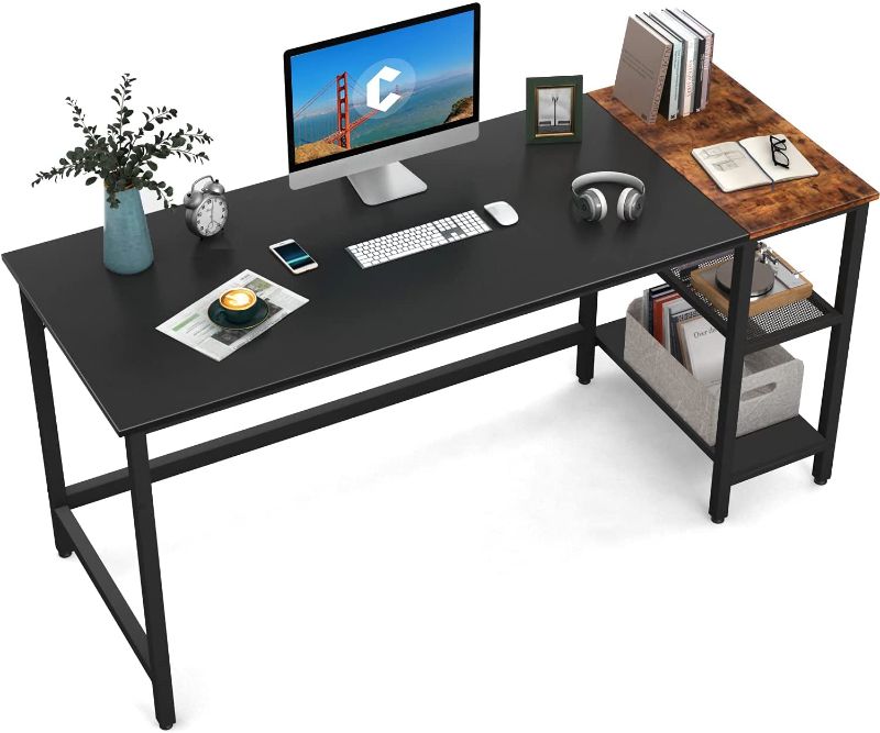 Photo 1 of CubiCubi Computer Home Office Desk, 63 Inch Small Desk Study Writing Table with Storage Shelves, Modern Simple PC Desk with Splice Board, Brown/Black
