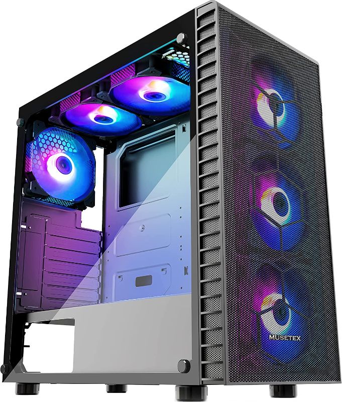 Photo 1 of MUSETEX Mesh ATX Mid Tower Computer Case with 6pcs 120mm LED ARGB Fans & USB 3.0 Port Tempered Glass PC Gaming Case (Black) G06N6-BW

