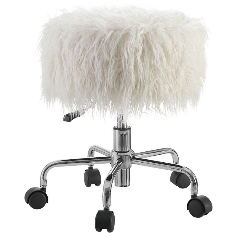 Photo 1 of *MISSING WHEELS* Linden Boulevard Tillie Brooks Rolling Stool with White Fur in Silver
