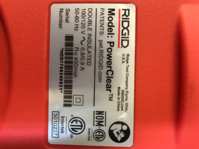Photo 1 of Ridgid 55808 PowerClear Drain Cleaning Machine 120V Drain Cleaner Cleans Tub, Shower or Sink Blockages from 3/4" to 11/2" diameter, Red
