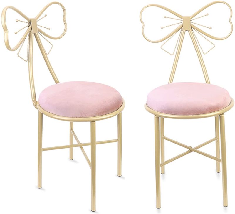 Photo 1 of Wisfor Pack of 2 Pink Bow Vanity Chairs Makeup Bedroom Chairs with Bow Knot Backrest and Velvet Cushion for Girl Daughter (Pink)
