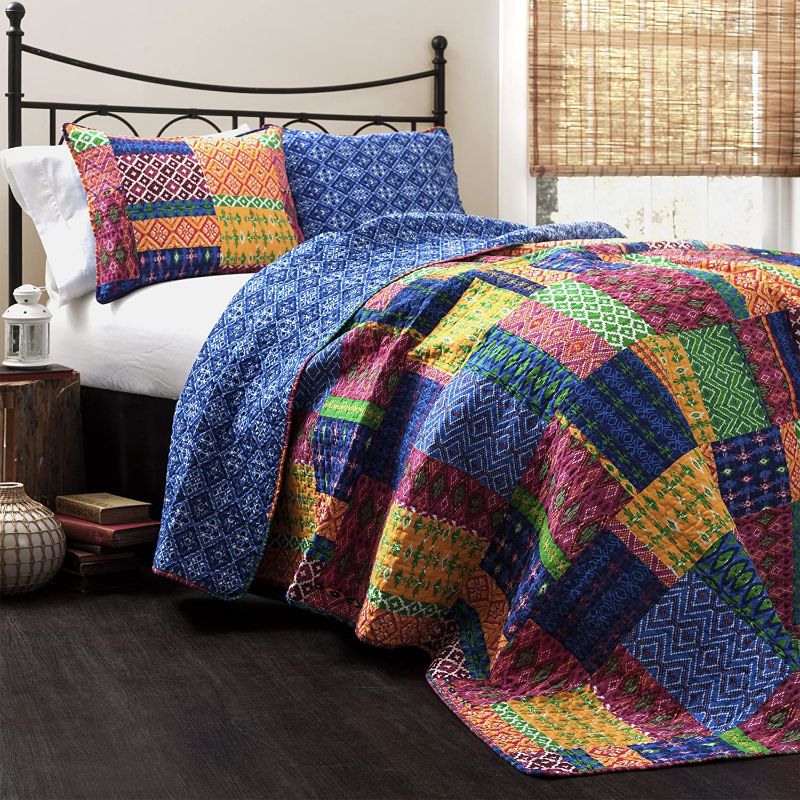 Photo 1 of Lush Decor Misha Quilt | Patchwork Bohemian Reversible Print Pattern 3 Piece Bedding Set - King - Fuschia and Blue
