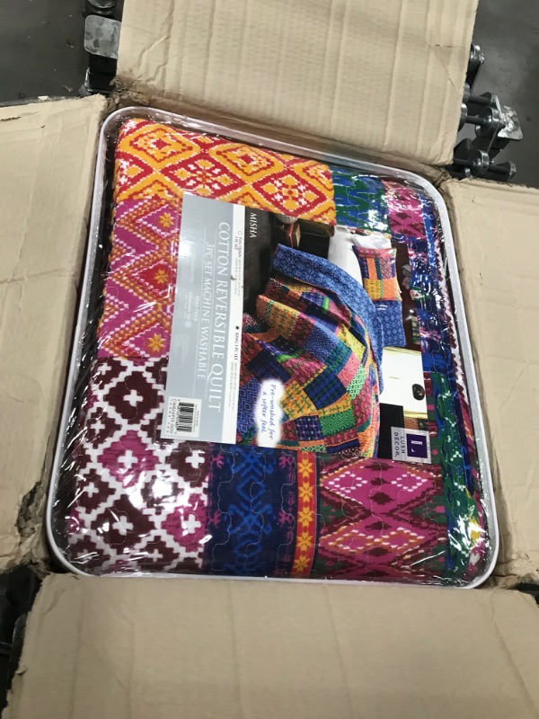 Photo 1 of Lush Decor Misha Quilt | Patchwork Bohemian Reversible Print Pattern 3 Piece Bedding Set - King - Fuschia and Blue
