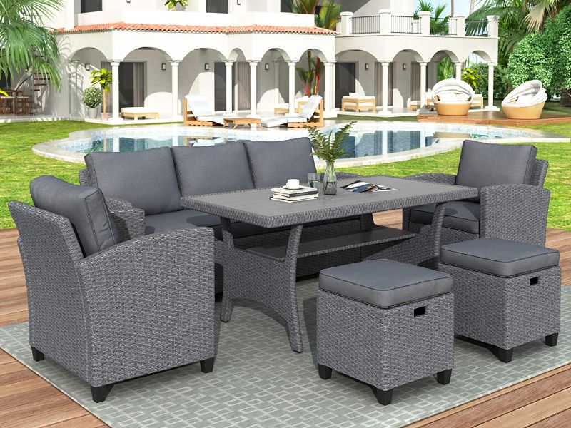 Photo 1 of *BOX 1 OF 3* INCOMPLETE
DishyKooker 6 Piece Outdoor Rattan Wicker Set Patio Garden Backyard Sofa, Chair, Stools and Table
