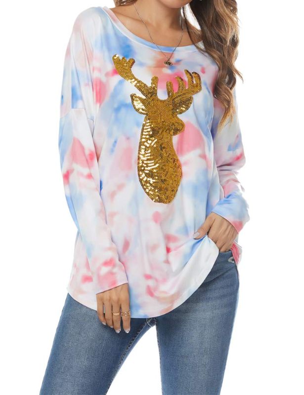 Photo 1 of Qearal Womens Casual Long Sleeve Christmas Reindeer Sequin T Shirt Blouse Top medium size.