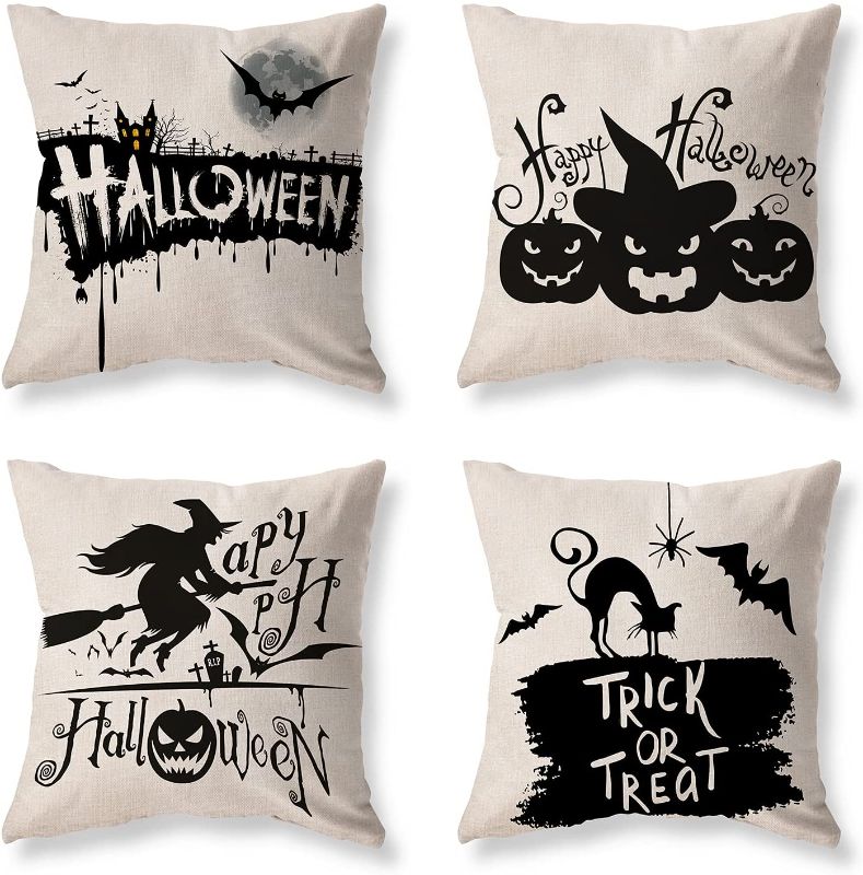 Photo 1 of Happy Halloween Pumpkin Throw Pillow Covers 18x18 Set of 4 Trick or Treat Fall Decor for Home Holiday Pillows Cover Orange Black Linen Pillowcase Halloween Fall Sofa Cushion Throw Pillows
as is 2pks 