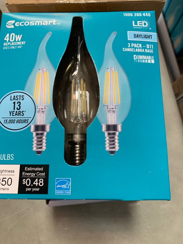 Photo 2 of 40-Watt Equivalent B11 Dimmable Flame Bent Tip Clear Glass Filament LED Vintage Edison Light Bulb Daylight (4 3-Pack)
