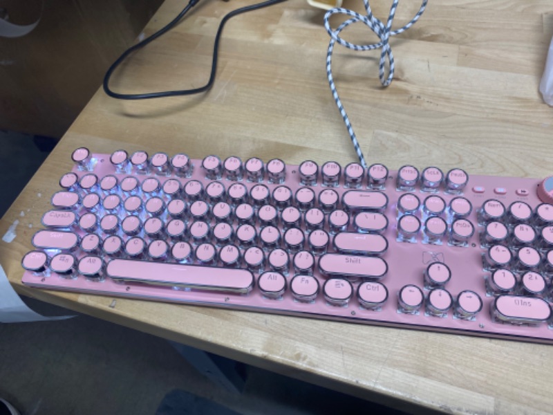 Photo 2 of Gaming Keyboard,Retro Punk Typewriter-Style, Blue Switches, White Backlight, USB Wired, for PC Laptop Desktop Computer, for Game and Office, Stylish Pink Mechanical Keyboard (Round Keycaps)
