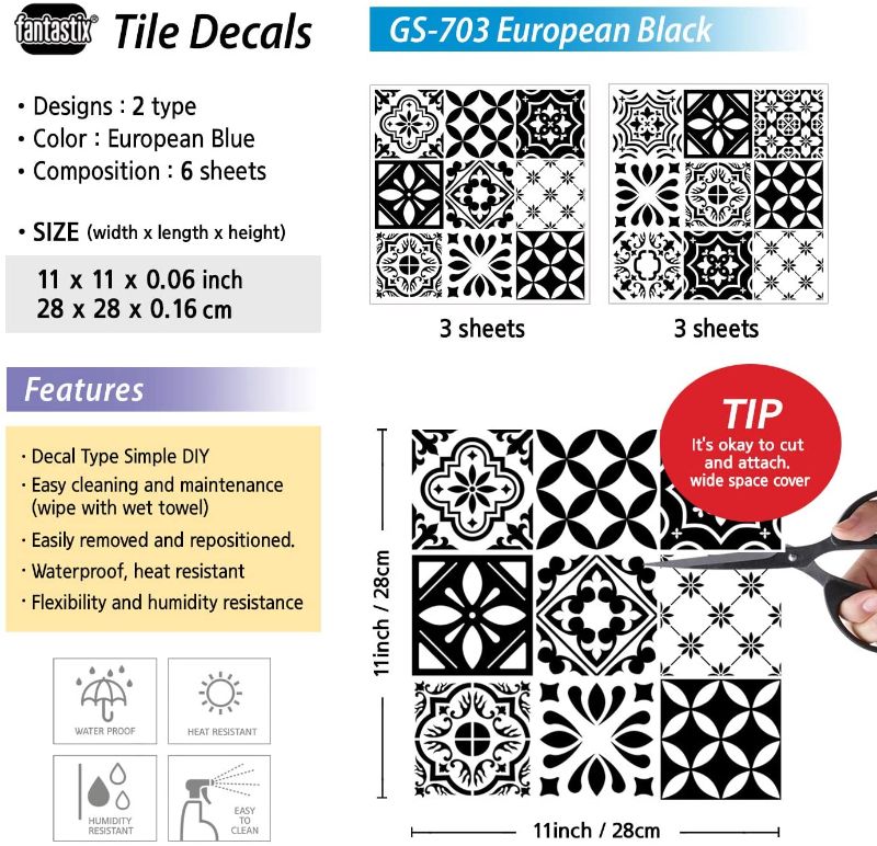 Photo 1 of [FANTASTIX] Tile Decals GS-703 European Black, 11"x11" 6sheets, Peel and Stick Self-Adhesive Removable PVC Stickers for Kitchen Bathroom Backsplash Furniture Staircase Home Decor
***6 packs***