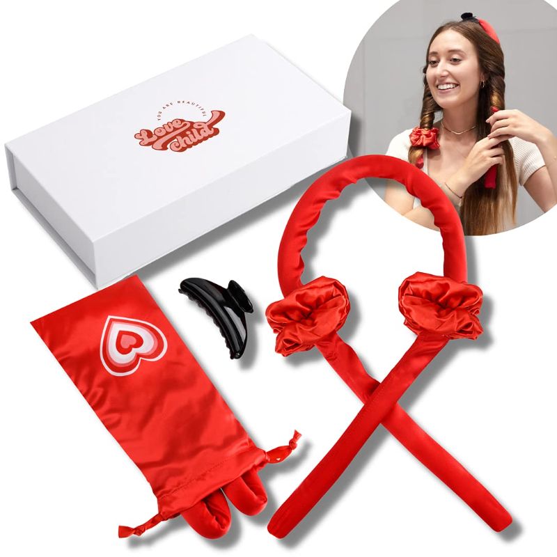 Photo 1 of Heatless Curling Rod Headband -100% Silk Curling Ribbon with 2 Silk Scrunchies and 1 Hair Clip | TikTok Heatless Curlers with Authentic Mulberry Silk (Red)
