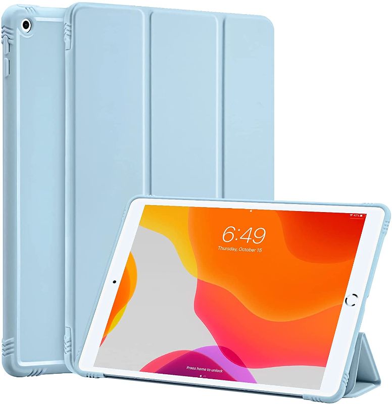 Photo 1 of SIWENGDE Case for iPad 9th/8th/7th Generation (2021/2020/2019), iPad 10.2-inch Soft TPU Back Protective Cases [Shock Absorption] Slim Lightweight Trifold Stand Smart Cover, Auto Wake/Sleep(Light Blue)
