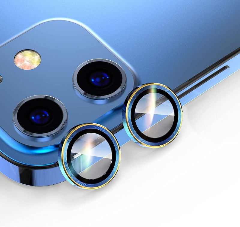 Photo 1 of THREE PACK:  [2 Pack] L?K Compatible with iPhone 11/12/12 Mini Camera Lens Protector, HD Clear Camera Tempered Glass Protector, Aluminum Alloy Lens Cover [Installation Tray] - Blue Gold Covered Edge
